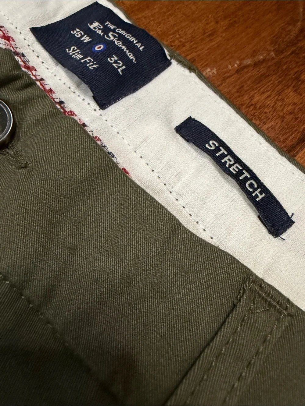 Ben Sherman Olive Green Stretch Chino Pants Men 36x32 Slim Fit